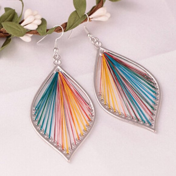 Dangle Earrings Boho Chic Handmade String - Thread  W/Silver Tone 9cm… - Picture 3 of 5